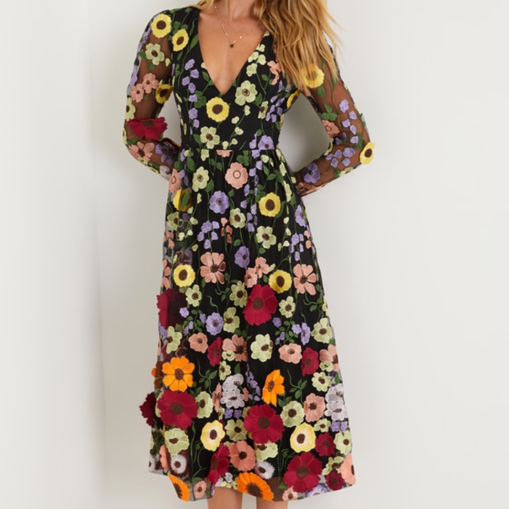 Lulus Impressive Blossom Black 3d Floral Embroidered Midi Dress - Size XL
